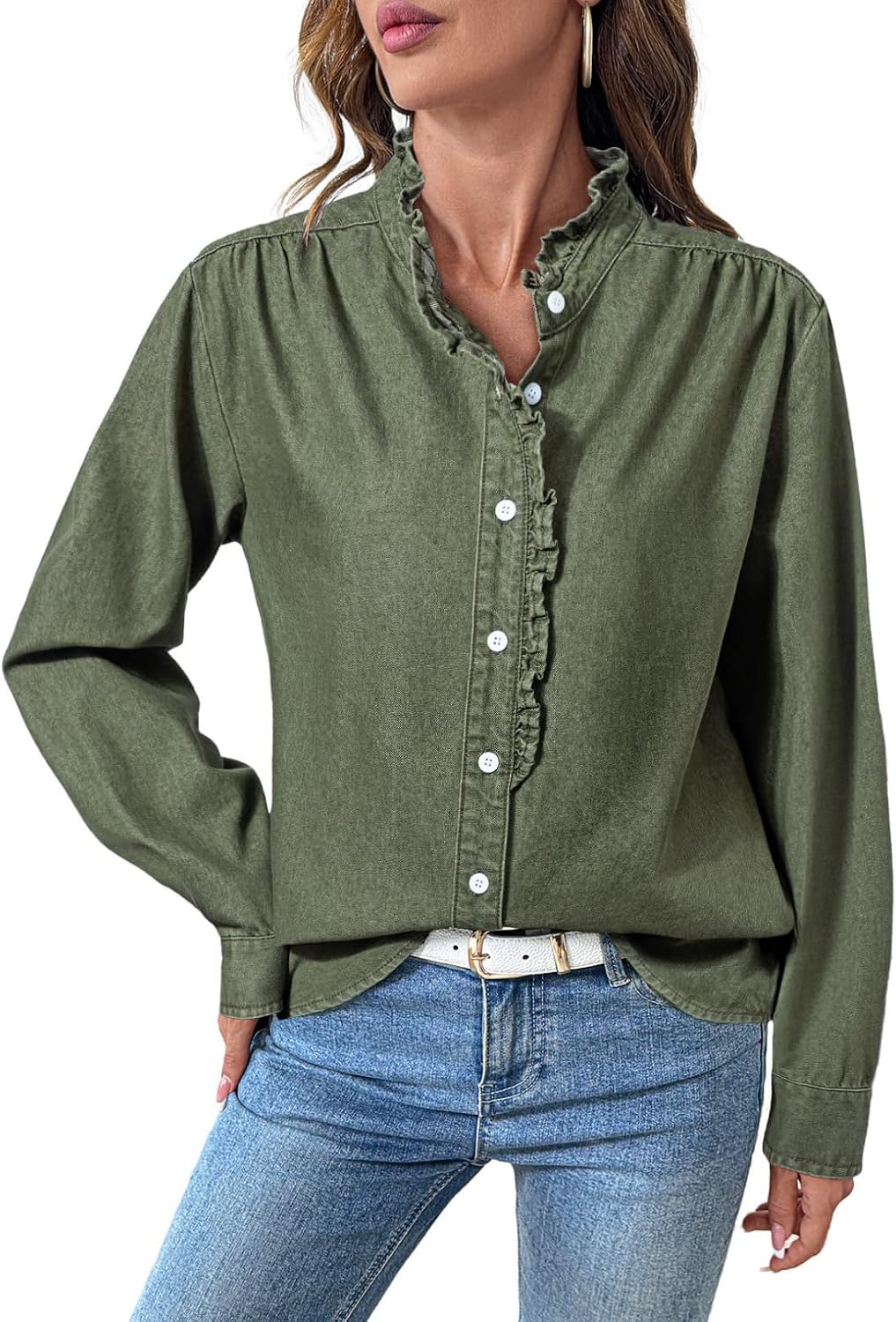 Button Ruffled Edge Denim Shirt image 1