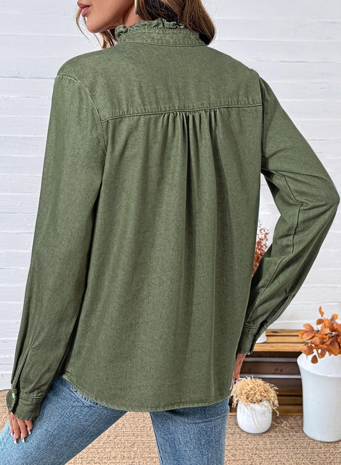 Button Ruffled Edge Denim Shirt image 2