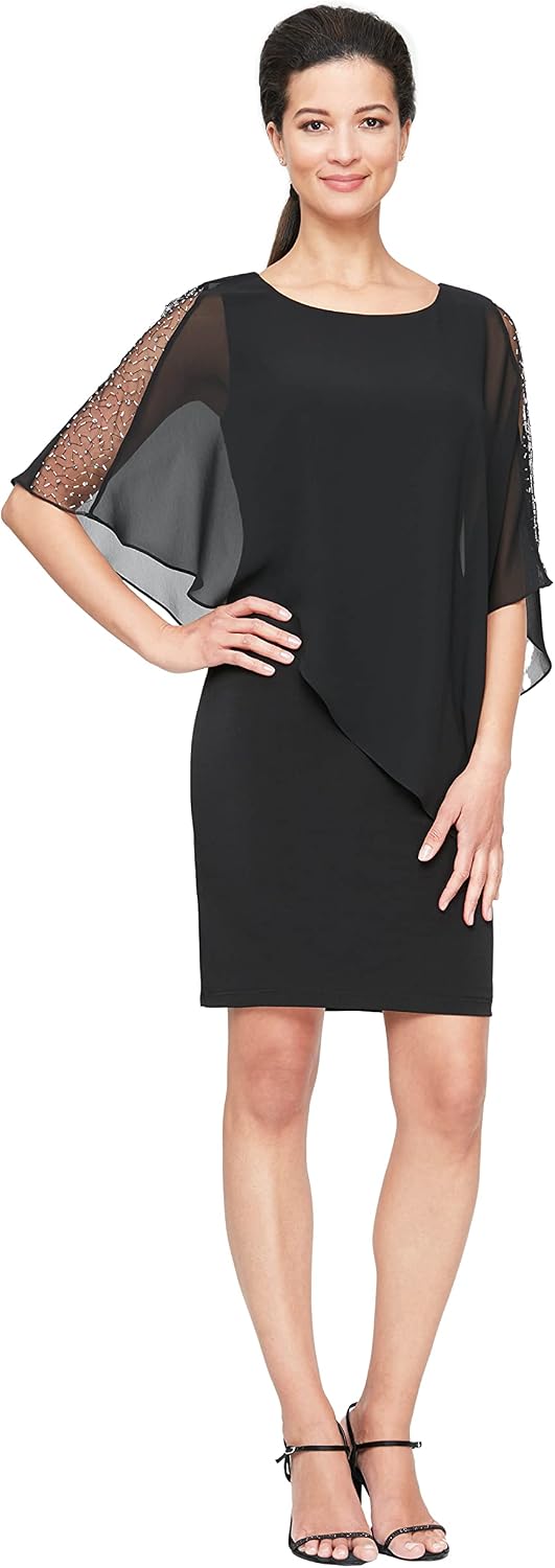 S.L. Fashions Short Chiffon Beaded Capelet Dress image 1